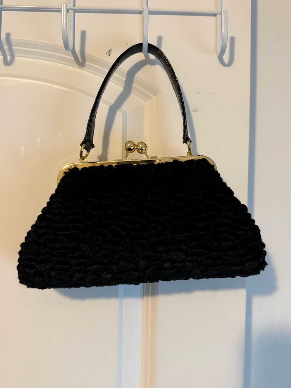 Black Textured Frame-Top Clutch with Gold Hardware